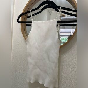 White Ribbed Tank Top with Pearl Straps